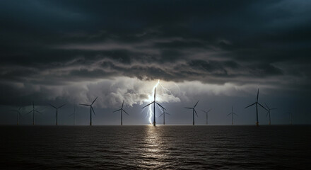 Dramatic offshore wind farm illuminated by a powerful lightning strike during a dark and stormy night over the ocean