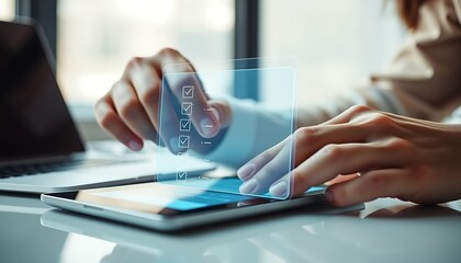 Close-up of hands using a digital checklist on a futuristic holographic interface over a tablet image