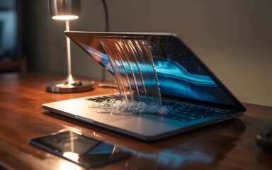 Water pouring from a laptop screen onto a keyboard, symbolizing data loss or a system overload