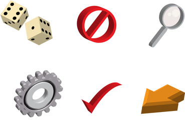 Collection of various 3D rendered icons, including dice, prohibition sign, magnifying glass, gear, checkmark, and arrow.