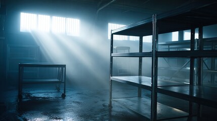 warehouse. An expansive warehouse with atmospheric light beams highlighting the industrial interior. safety posters.