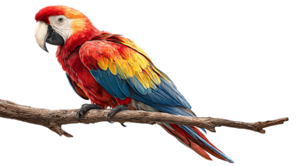 Scarlet macaw parrot perched on a branch isolated on transparent background
