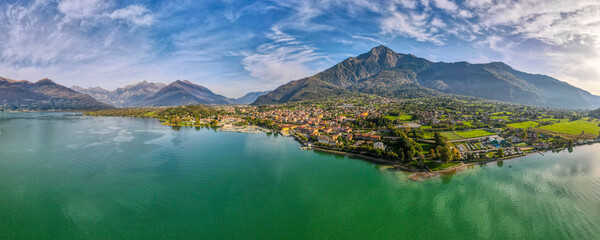 Aerial nature landscape near Colico village in Lake Como Italian Alps mountains in Lombardy