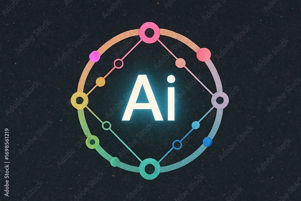 Poster abstract glowing circular network design with the letters ai at its center against a dark starry bac
