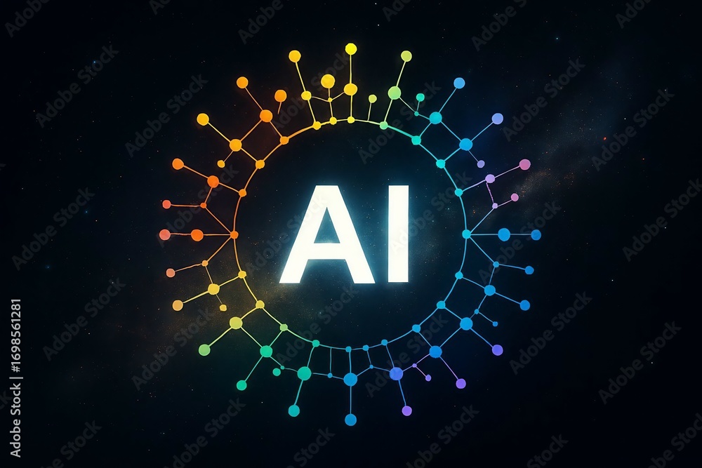Poster glowing ai logo at the center of a vibrant interconnected digital network with colorful glowing node