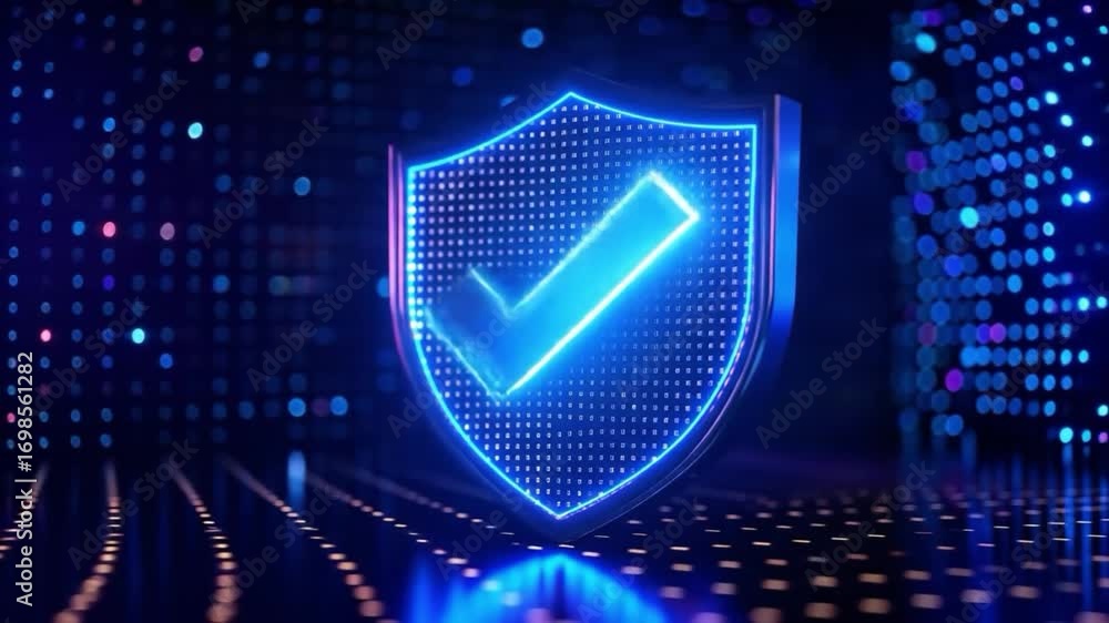 Aufkleber blue shield with check mark on digital data background