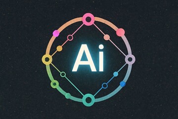 Abstract glowing circular network design with the letters ai at its center against a dark starry background