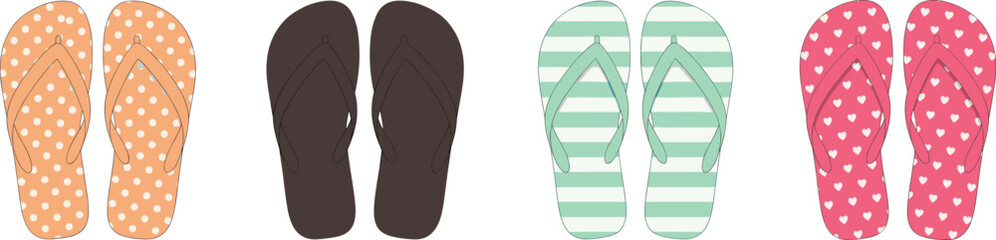 Cad drawing flat vector illustration of four pairs of colorful flip flops, summer footwear collection, beach sandals, fashion accessories, isolated on white background