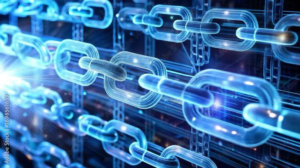 Poster digital blockchain network of glowing blue chains technology