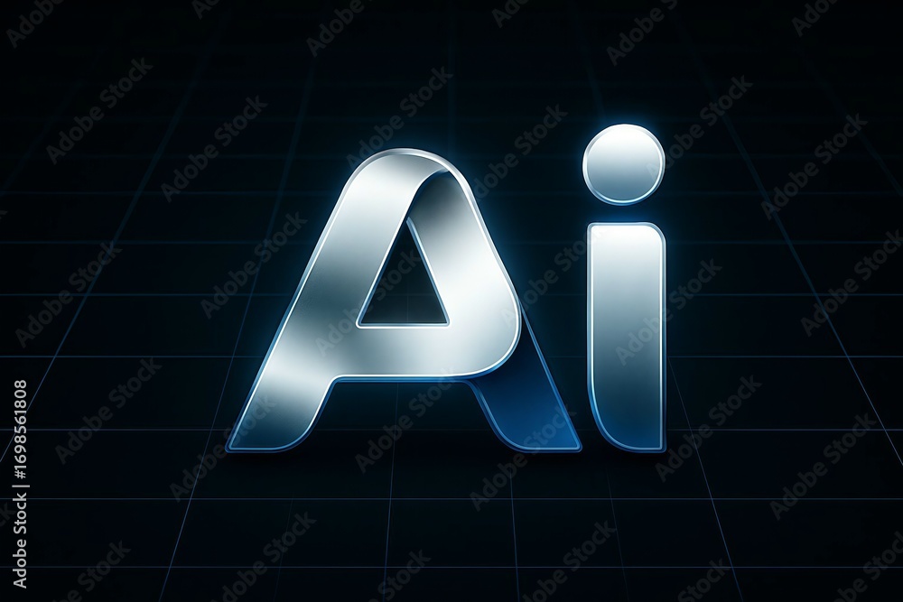Poster futuristic chrome lettering spelling out ai with a subtle blue glow on a dark background symbolizing