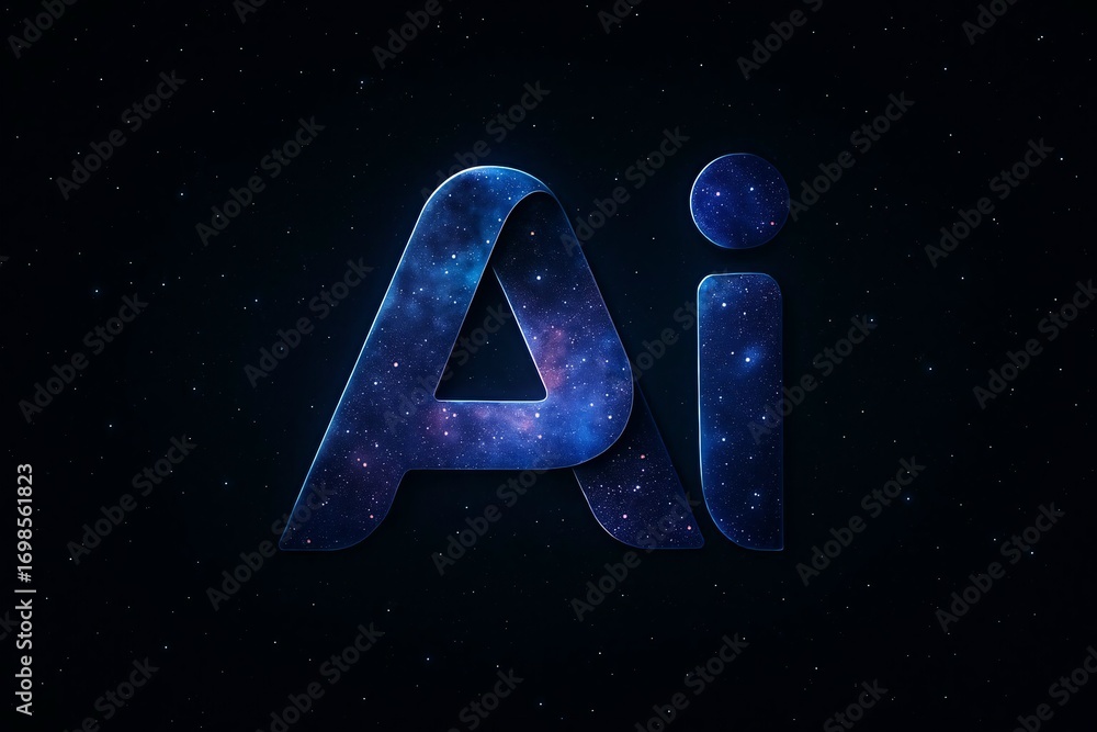 Poster abstract glowing blue ai text with shimmering particles and dark background representing artificial 