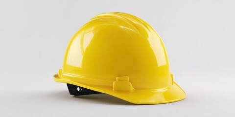 Fototapeta premium A bright yellow hard hat rests on a white surface, casting a subtle shadow. The helmet is positioned at a slight angle, showcasing its curved shape and reflective shell. The background is a clean, 