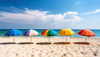 Vibrant Beach Scene Featuring Colorful Parasols on a Sandy Shoreline Under a Sunny Sky