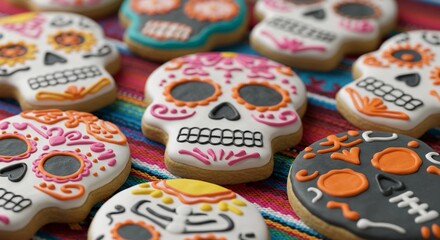 Colorful sugar skull cookies for Dia de los Muertos (Day of the Dead). Traditional Mexican holiday sweets on a vibrant, festive background