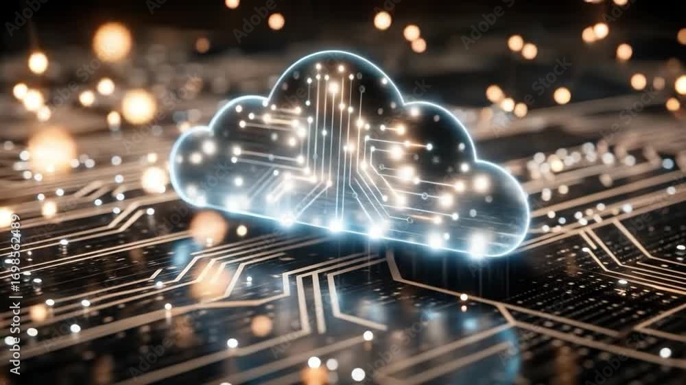 Poster glowing cloud icon on a circuit board with bokeh lights
