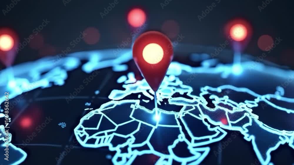 Poster glowing world map with location pins and bokeh lights