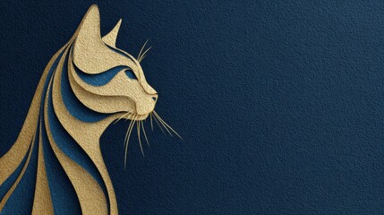 Golden Cat Paper Cutout on Dark Blue Texture