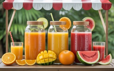 Assortment of fresh fruit juices in glass jars with fruit slices and whole fruits on a wooden table