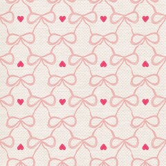 Seamless Pink Bow and Heart Pattern on Fabric Texture Cute Romantic Kawaii Background
