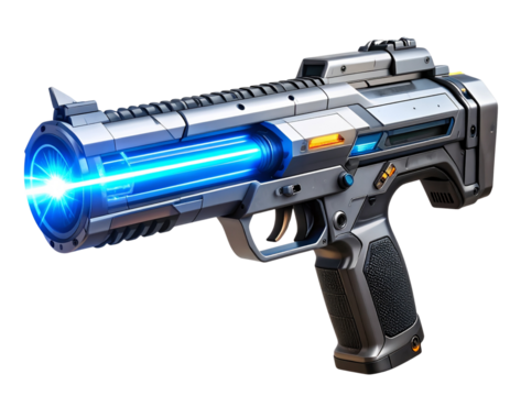 Futuristic Energy Blaster Firing Bright Blue Plasma Beam, Side View, Isolated on Transparent Background
