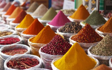 Colorful piles of ground spices and whole spices in bowls at an indian spice market