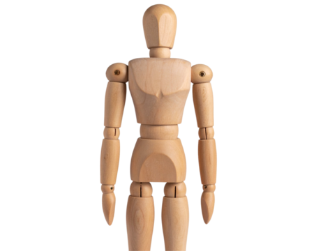  Standing Wooden Art Mannequin in Neutral Pose, Full Front View, Isolated on Transparent Background