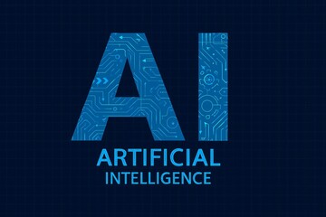 Abstract blue ai artificial intelligence text logo with digital circuit pattern on dark background
