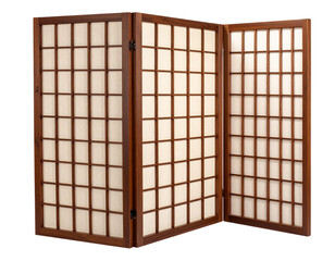 Angled View of Folding Shoji Screen with Dark Wood Frame and Geometric Latticework, Transparent Background
