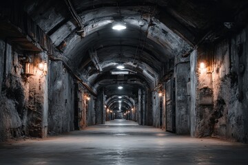 Gloomy perspective of a long, concrete underground tunnel, illuminated by dim lights that emphasize the tunnel's construction and its dark atmosphere