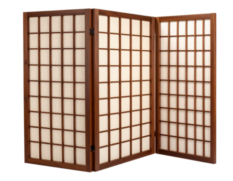 Angled View of Folding Shoji Screen with Dark Wood Frame and Geometric Latticework, Transparent Background