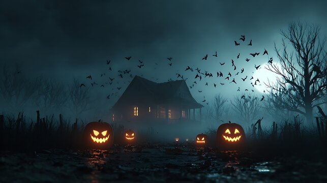 Halloween haunted house glowing pumpkins bats flying cinematic dark foggy spooky night