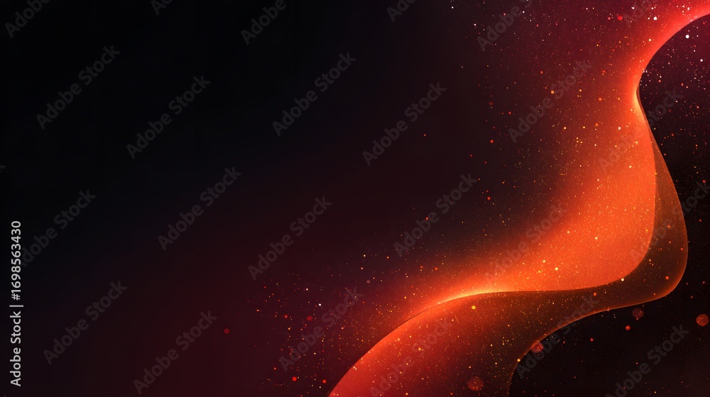 Poster abstract red and black background with flowing curves and sparkles.