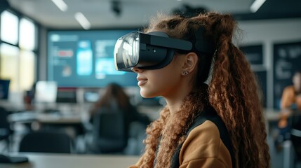 A young girl with curly hair is wearing a virtual reality headset in a classroom, exploring immersive learning and technology of the future