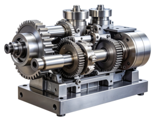 Complex Gear-Driven Mechanical Machine with Interlocking Cogs and Pistons, Side View, Isolated on Transparent Background