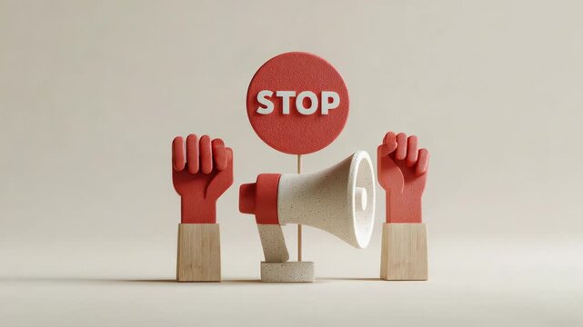 Minimalist composition features a megaphone, a stop sign, and raised fists, symbolizing protest, resistance, and the fight against social injustice on a white background