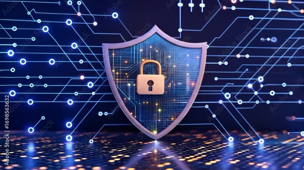 Poster Security Shield with Padlock on Circuit Board Network