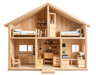  Front View of Wooden Dollhouse with Open Rooms and Tiny Classic Furniture, Isolated on Transparent Background