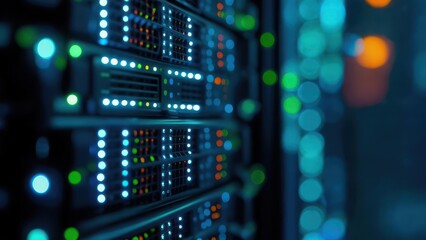 Illuminated server rack in a dark room, showcasing technological infrastructure