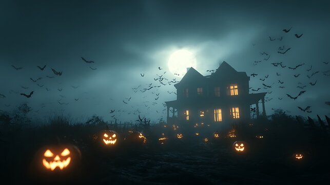 Halloween spooky haunted house glowing pumpkins bats flying cinematic dark foggy night