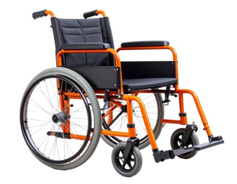 Modern Orange Wheelchair with Cushioned Seat and Footrests, Side Profile View, Isolated on Transparent Background - Powered by Adobe