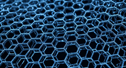 An abstract and futuristic image of a dark hexagonal mesh with glowing blue and purple lines. 