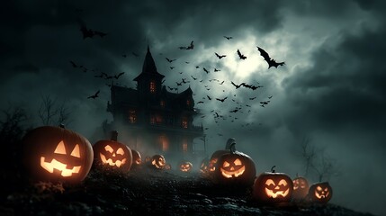 Halloween haunted mansion carved pumpkins flying bats dark cinematic foggy spooky night