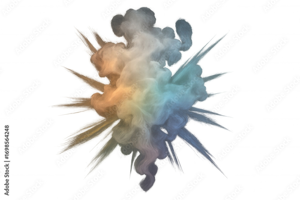 Poster multicolored smoke cloud expanding and creating dynamic shapes on a transparent background, perfect 