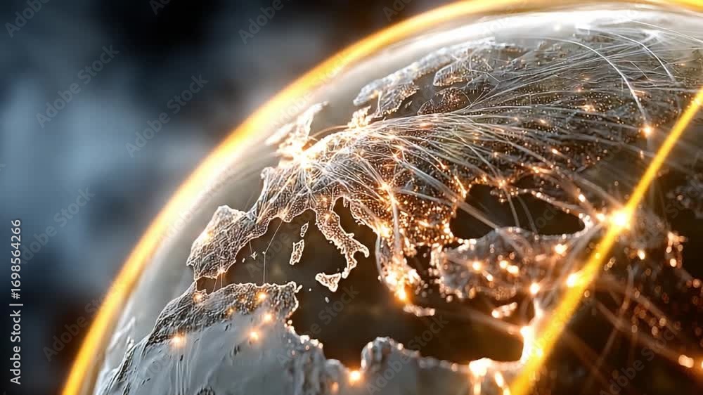 Poster global network: the globe glows with interconnectedness as a web of lights and lines weaves across c