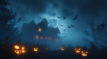 Halloween foggy haunted house glowing pumpkins bats flying cinematic dark spooky night