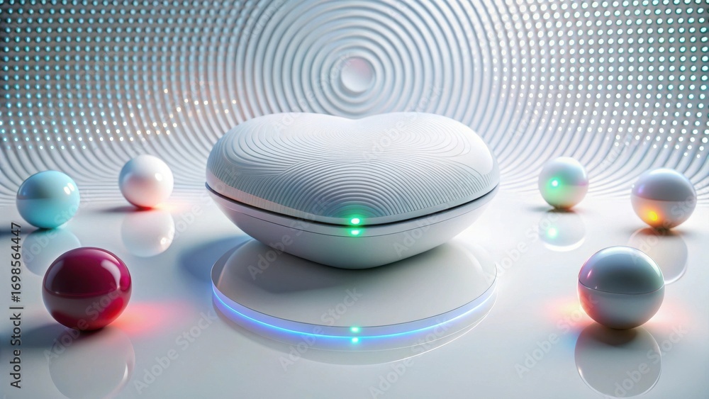 Poster heart-shaped device on a charging platform surrounded by illuminated spheres in a futuristic setting