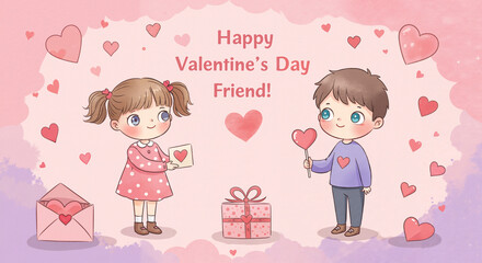 Children celebrating Valentine's Day with gifts and hearts in pastel colors  