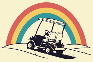 Golf cart driving towards a retro rainbow on a hill