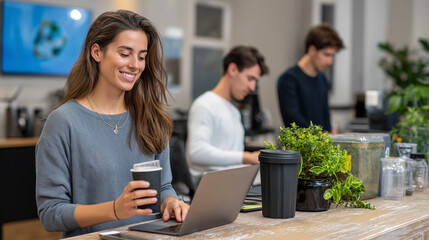 A zero-waste co-working space with employees using reusable coffee cups and recycling stations, zero-waste, sustainable, eco-friendly, green workplace, sustainable business.