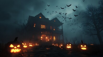 Halloween spooky haunted house glowing pumpkins bats flying cinematic dark foggy night